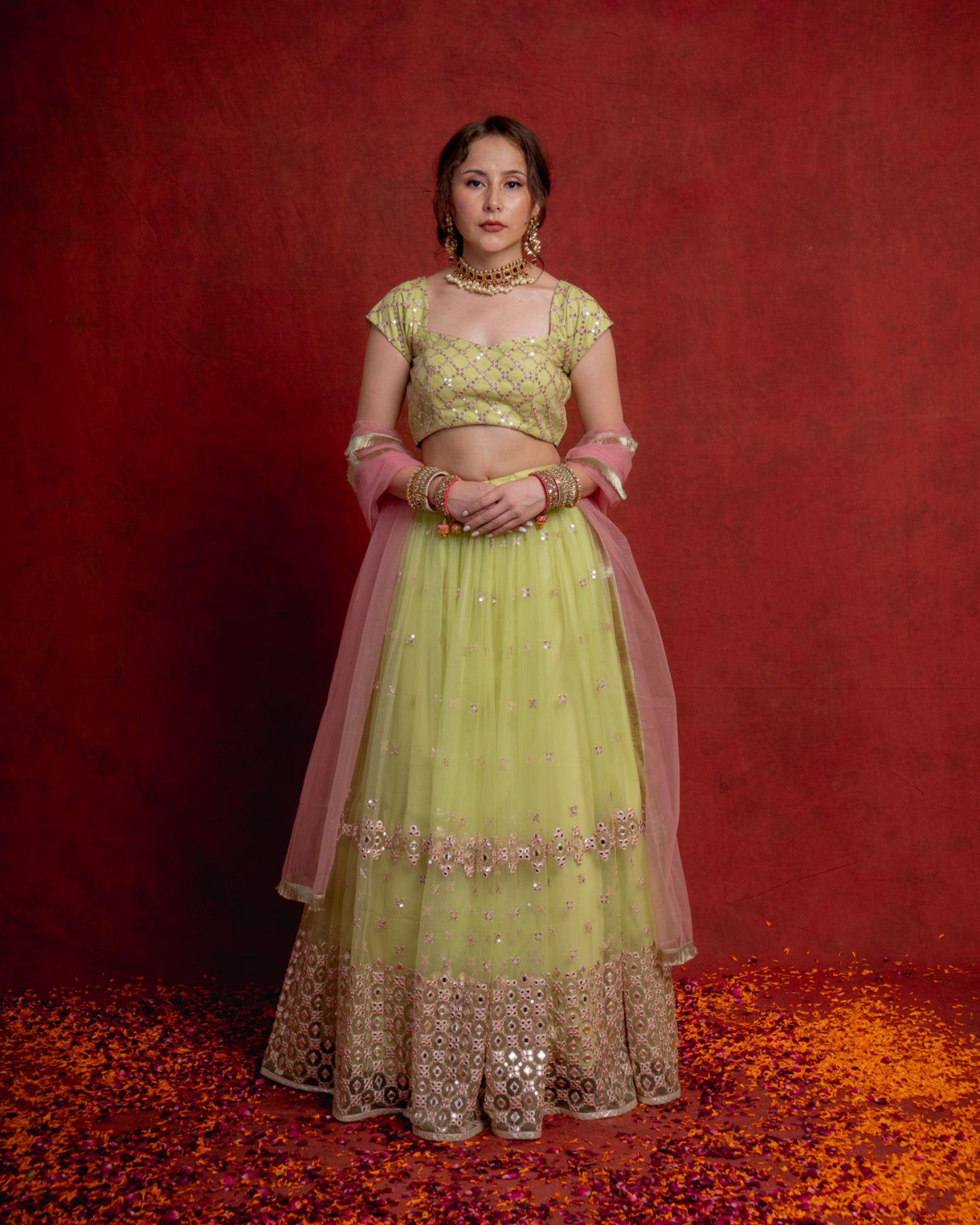 Mint Green and Rouge Pink Trellis Lehenga
