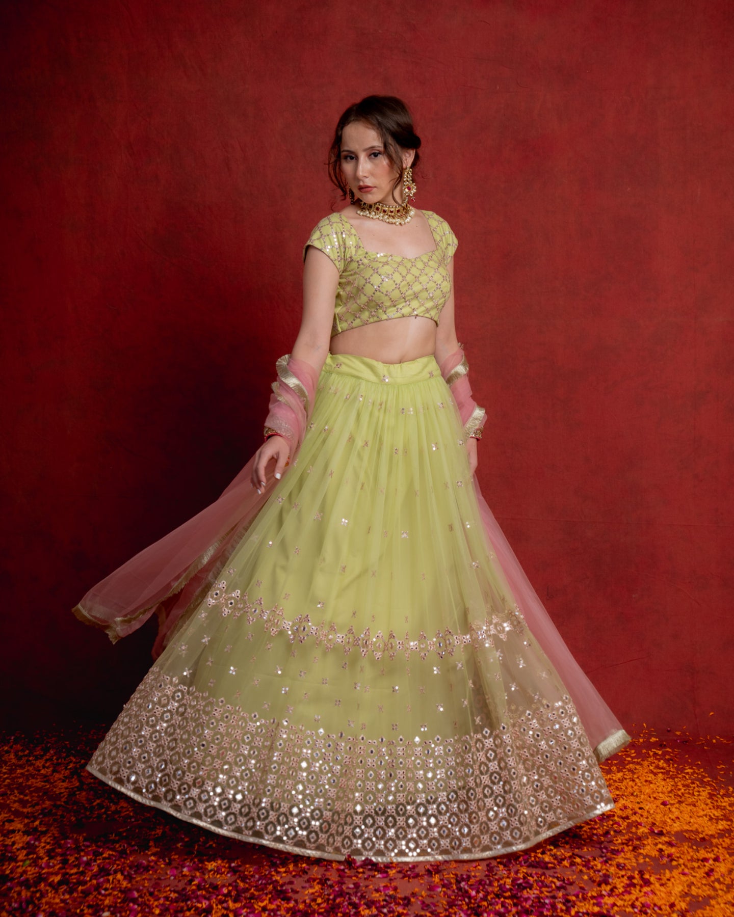 Mint Green and Rouge Pink Trellis Lehenga