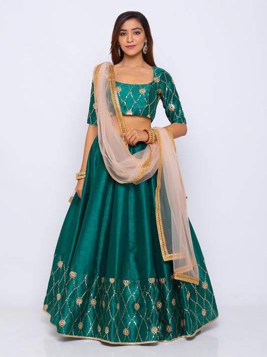 Emerald & Blush Gotapatti Panel Lehenga